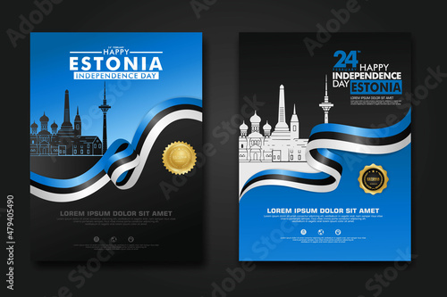 Set poster design Estonia happy independence Day background template