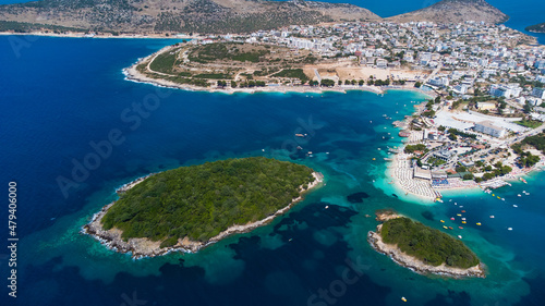 Beautiful aerial view of Ksamil from above islands and sea, Albanian Riviera
