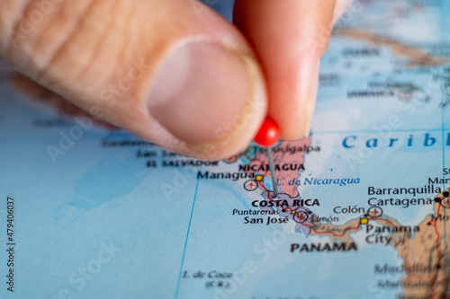 Costa Rica pin on a world map. Costa Rica travel destination planning 