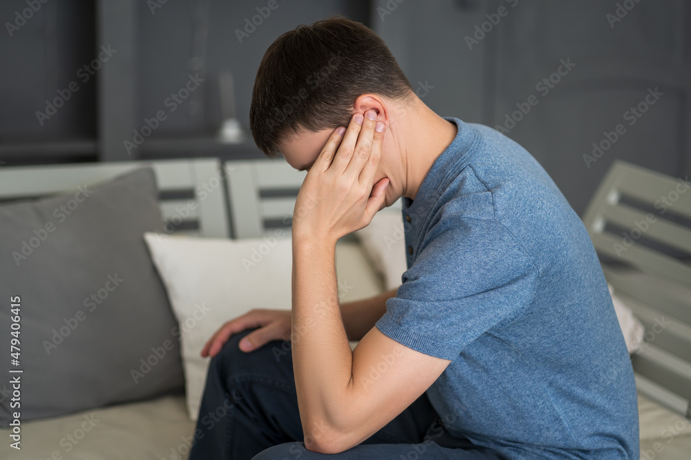 Man with earache, ear pain at home Man with earache, ear pain at home