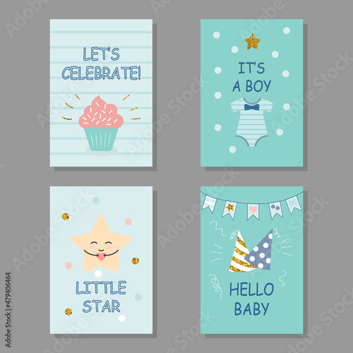 set of greeting cards happy birthday newborn baby boy, son. collection of 4 cute templates. vector illustration hand drawn style. kids kawaii blue background