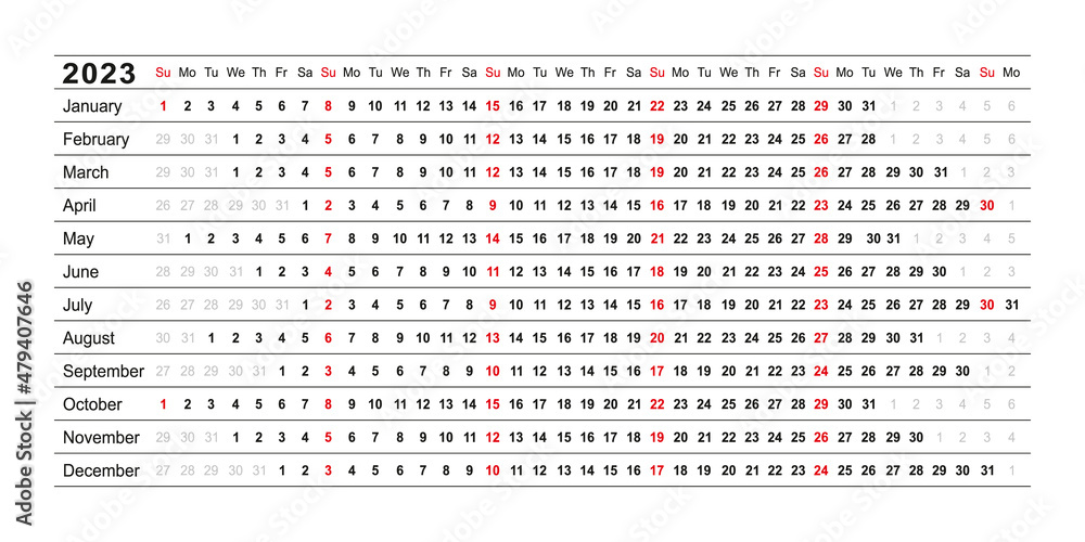 Calendar linear for 2023 year. Yearly calender planner. Schedule