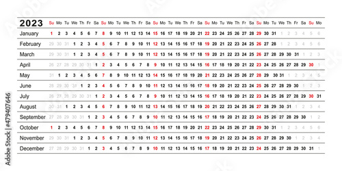 Calendar linear for 2023 year. Yearly calender planner. Schedule template with months. Week starts Sunday. Horizontal, landscape orientation, english. Agenda organizer. Vector illustration.