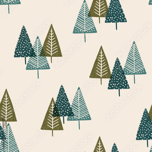 Scattered tree repeat pattern block printing design print background texture. Vector illustration. Great for kids, outdoor adventure lovers and home decor projects. Surface pattern design.
