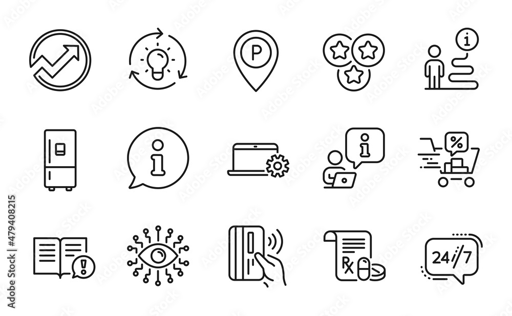 Business icons set. Included icon as Stars, Parking, Medical prescription signs. Discounts cart, Audit, Refrigerator symbols. Artificial intelligence, Contactless payment, Facts. Idea. Vector Business icons set. Included icon as Stars, Parking, Medical prescription signs. Discounts cart, Audit, Refrigerator symbols. Artificial intelligence, Contactless payment, Facts. Idea. Vector