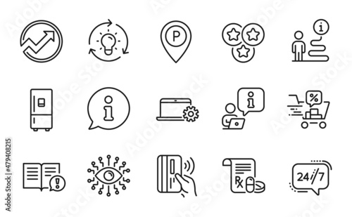 Business icons set. Included icon as Stars, Parking, Medical prescription signs. Discounts cart, Audit, Refrigerator symbols. Artificial intelligence, Contactless payment, Facts. Idea. Vector