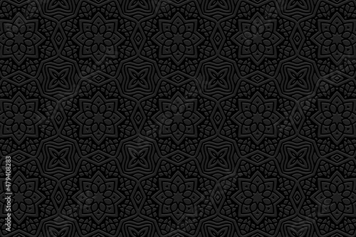 Luxurious floral embossed black background, cover design. Geometric 3D pattern with handmade elements. Ethnic creativity of the peoples of the East, Asia, India, Mexico, Aztec. 