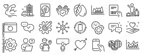 Set of Business icons, such as Hdd, Construction building, Multichannel icons. Mineral oil, Strong arm, Parcel invoice signs. Smartphone target, Hold smartphone, Airport transfer. Approved. Vector