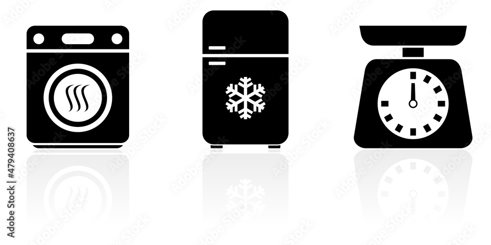 Obraz premium Web and internet home appliances concept vector icon set, washing machine, fridge, kitchen scale symbols isolated on white background with reflection