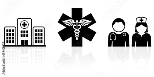 Web and internet health concept vector icon set, hospital building, emergency and doctor symbols isolated on white background with reflection