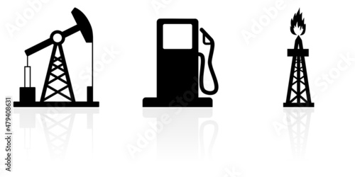 Web and internet energy industry concept vector icon set, oil pump, gas station, drilling rig symbols isolated on white background with reflection