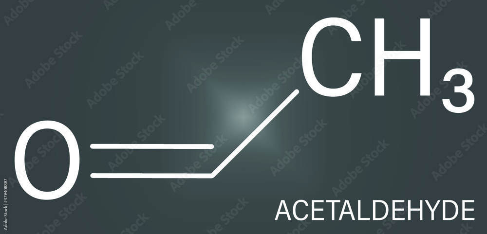 Acetaldehyde or ethanal molecule, chemical structure. Acetaldehyde is a toxic molecule responsible for many symptoms of alcohol hangover. Skeletal formula. Acetaldehyde or ethanal molecule, chemical structure. Acetaldehyde is a toxic molecule responsible for many symptoms of alcohol hangover. Skeletal formula.