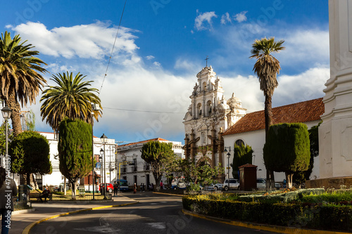 Church-hospital near the Obelisk of the Freedom Tower monument in Sucre, Bolivia photo