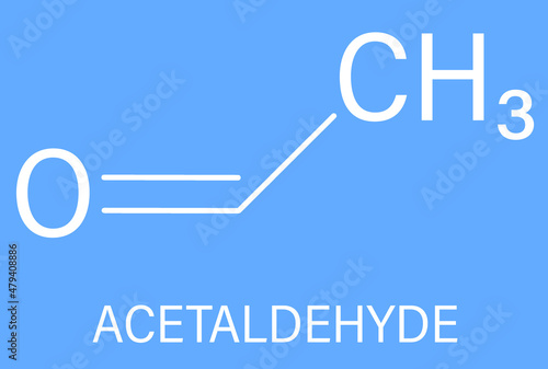 Acetaldehyde or ethanal molecule, chemical structure. Acetaldehyde is a toxic molecule responsible for many symptoms of alcohol hangover. Skeletal formula.