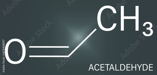 Acetaldehyde or ethanal molecule, chemical structure. Acetaldehyde is a toxic molecule responsible for many symptoms of alcohol hangover. Skeletal formula.