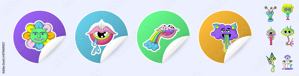 Psychedelic funny cartoon characters. A set of stickers. Vector illustration of the sun, lips, rainbow, cloud, eye, mushroom. Set of comic elements in fashionable cartoon style. Circle sticker mockup Psychedelic funny cartoon characters. A set of stickers. Vector illustration of the sun, lips, rainbow, cloud, eye, mushroom. Set of comic elements in fashionable cartoon style. Circle sticker mockup