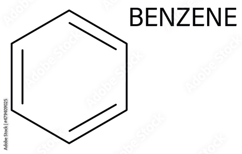 Benzene or Cyclohexatriene aromatic hydrocarbon molecule. Important in petrochemistry, component of gasoline. Skeletal formula.
