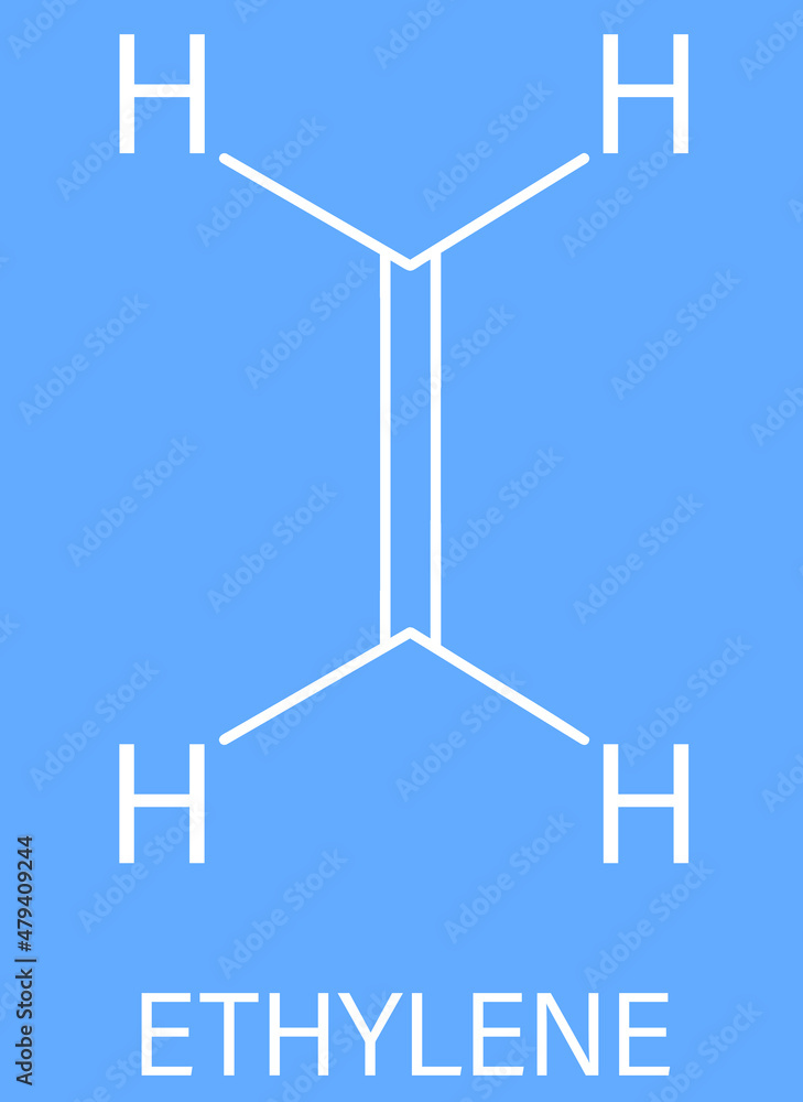 Ethylene or ethene molecule. Used in production of polyethylene but also important as a plant hormone. Skeletal formula. Ethylene or ethene molecule. Used in production of polyethylene but also important as a plant hormone. Skeletal formula.