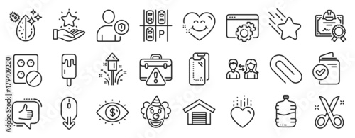 Set of Business icons  such as Clown  Smile face  Scissors icons. Medical tablet  Heart  Scroll down signs. Security  Ice cream  Seo gear. Parking garage  Paper clip  Fireworks. Like. Vector