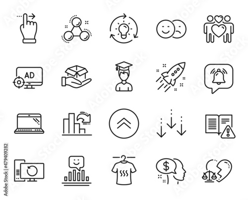 Vector set of Smile, Laptop and Love couple line icons set. Recovery computer, Pay and Idea icons. Dry t-shirt, Seo adblock and Decreasing graph signs. Smile web symbol. Vector