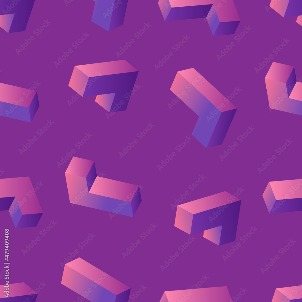 Neon glowing tetris 3d blocks seamless pattern on purple background. Vintage 80s style design. Clipping mask used. Neon glowing tetris 3d blocks seamless pattern on purple background. Vintage 80s style design. Clipping mask used.