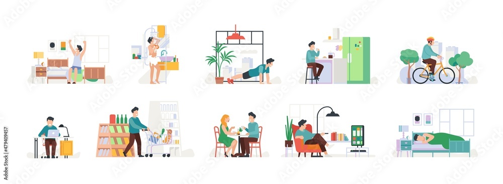 Daily man routine. Happy morning, guy relaxation and activity. Weekdays schedule. Wakes-up and fitness exercises. Breakfast and bike ride. Buying in supermarket. Vector timetable set