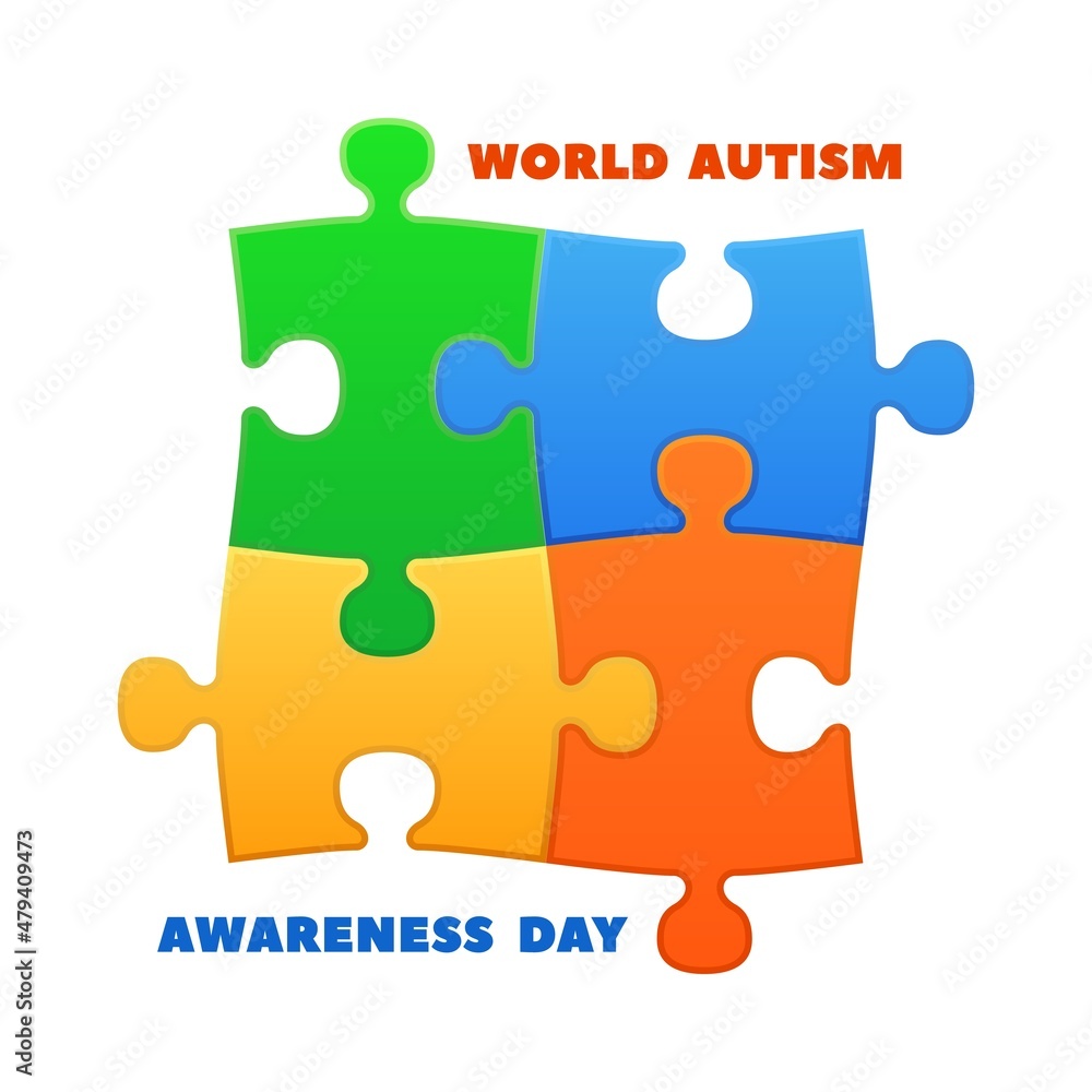 Obraz premium World autism day. Awareness poster with colorful puzzle autistic logo. Medicine care and childhood support concept, love and accept vector banner