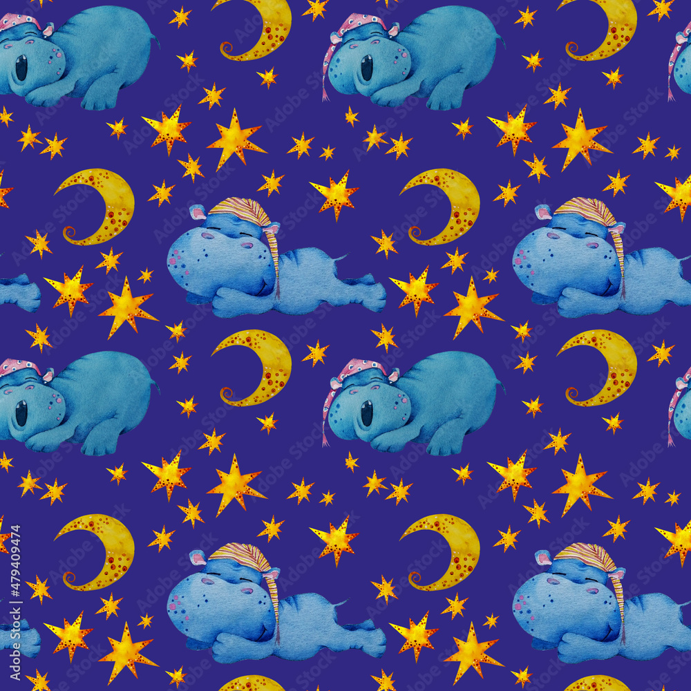 A seamless pattern with sleeping hippos, stars and a month. Watercolor. A seamless pattern with sleeping hippos, stars and a month. Watercolor.