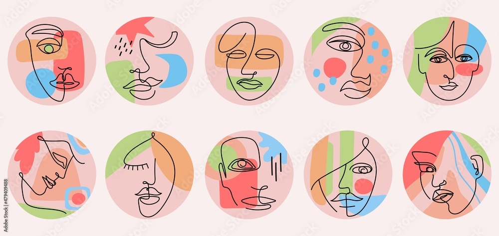 Female faces abstract lines. Abstract woman, face portrait. Artwork line girl, sketch trendy elements. Young lady fashion icons, decent vector set Female faces abstract lines. Abstract woman, face portrait. Artwork line girl, sketch trendy elements. Young lady fashion icons, decent vector set