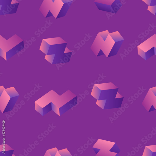 Neon glowing tetris 3d blocks seamless pattern on purple background. Vintage 80s style design. Clipping mask used.
