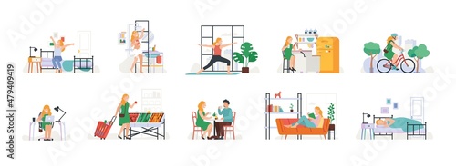 Everyday woman routine. Girls day mode. Free and working time. Rest and activity. Sleeping in bed and waking-up. Shopping and sports training. Cycling in park. Vector daily schedule set