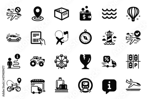 Vector Set of Transportation icons related to Travel compass, Confirmed flight and Lighthouse icons. Parking place, Bike delivery and Location signs. Tractor, Parcel invoice and Metro subway. Vector