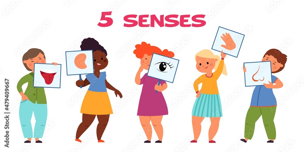 Kids and five senses. Kid and sensorial visual information. Children holding posters, human sensory organs. Smell, touch and look, taste and hear decent vector set Kids and five senses. Kid and sensorial visual information. Children holding posters, human sensory organs. Smell, touch and look, taste and hear decent vector set