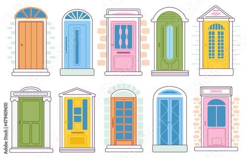 House doors. Entrance facade, front door building. Houses entry, decor flat architecture elements. Cartoon apartment exterior objects, decent vector collection