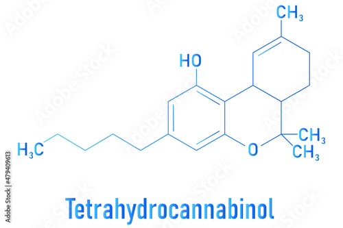 THC, delta-9-tetrahydrocannabinol, dronabinol, cannabis drug molecule. Skeletal formula.