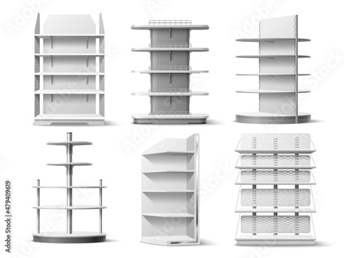 Empty shelving stands. Realistic shopping racks. Different type selling showcases. Supermarket and stores 3D furniture. Product distribution equipment. Vector exhibition racking set