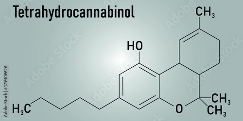 THC, delta-9-tetrahydrocannabinol, dronabinol, cannabis drug molecule. Skeletal formula. photo