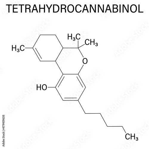 THC, delta-9-tetrahydrocannabinol, dronabinol, cannabis drug molecule. Skeletal formula.
