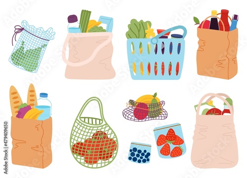 Grocery shop bag. Supermarket buying, foods in packaging. Cartoon baskets, paper bags with goods. Eco lifestyle, fruit and vegetables, decent vector set