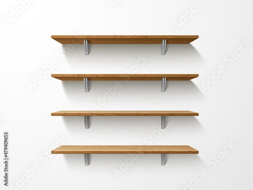 Empty wooden shelves. Realistic isolated wall mounted bookshelves. Library place. Natural material interior coaster. Product presentation racking with shadow. Vector wood 3D furniture set