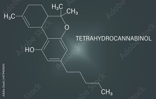 THC, delta-9-tetrahydrocannabinol, dronabinol, cannabis drug molecule. Skeletal formula.