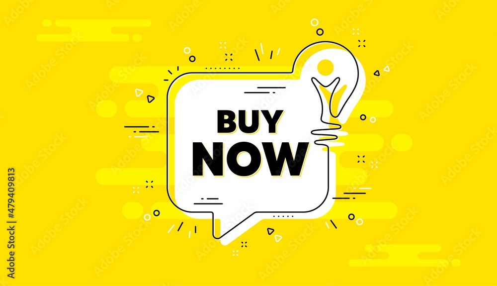Buy Now text. Idea yellow chat bubble banner. Special offer price sign. Advertising Discounts symbol. Buy now chat message lightbulb. Idea light bulb background. Vector