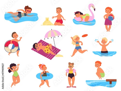 Beach kids. Child resort, summer sea activity. Cartoon children playing with sand and water, swimming and relaxed. Boys girls wear swimsuits, decent vector set