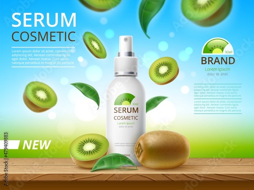 Fruit cosmetic poster. Kiwi essence. Skin care and beauty. Vitamin extract. Healthy product packaging. Realistic serum bottle with spray. Advertising banner for branding. Vector concept