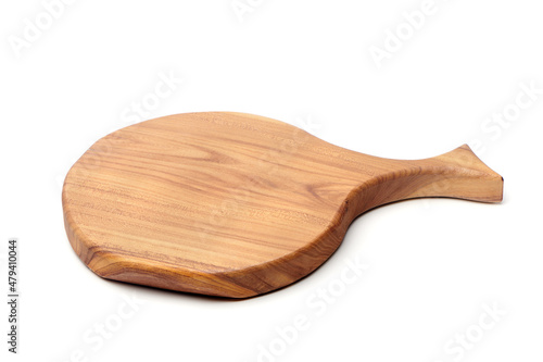 Wooden cutting board isolated on white background. Kitchen equipment for cooking.