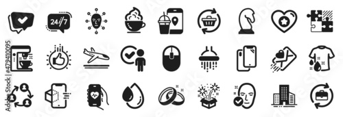 Set of Business icons, such as Approved, Wash t-shirt, Teamwork icons. Smartphone, Love letter, Fireworks signs. Wedding rings, Health app, Oil drop. Health skin, Coffee maker, Food app. Vector