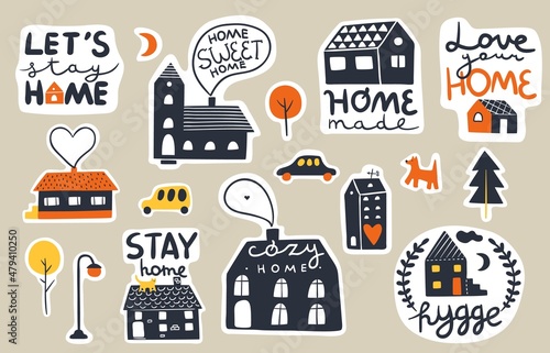 Houses lettering stickers. Cute homes with funny cozy short quotes. Cars and trees. Isolated emblems with real estate and phrases. Park lantern and pets. Vector city buildings badges set