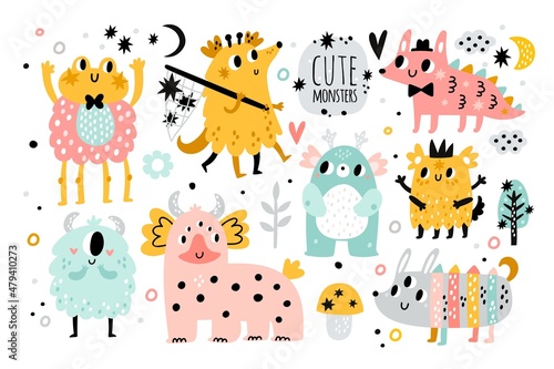 Cute little monsters. Funny cartoon characters. Fantastic kids creatures. Halloween childish party decor. Alien mascots and avatars with smile faces. Vector colorful bizarre animals set