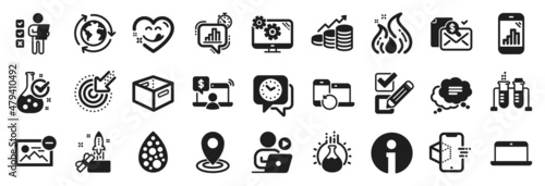 Set of Technology icons, such as Office box, Voting ballot, Fire energy icons. Settings, Artificial colors, Location signs. Chemistry beaker, Text message, Innovation. Graph phone, Clock. Vector