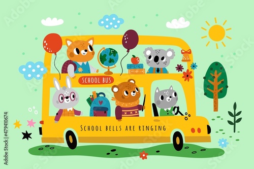 School bus with animals. Two storey kids transport. Pupils coming to lessons. Little fires students. Funny bear or bunny. Classmates traveling by autobus. Vector vehicle with creatures set